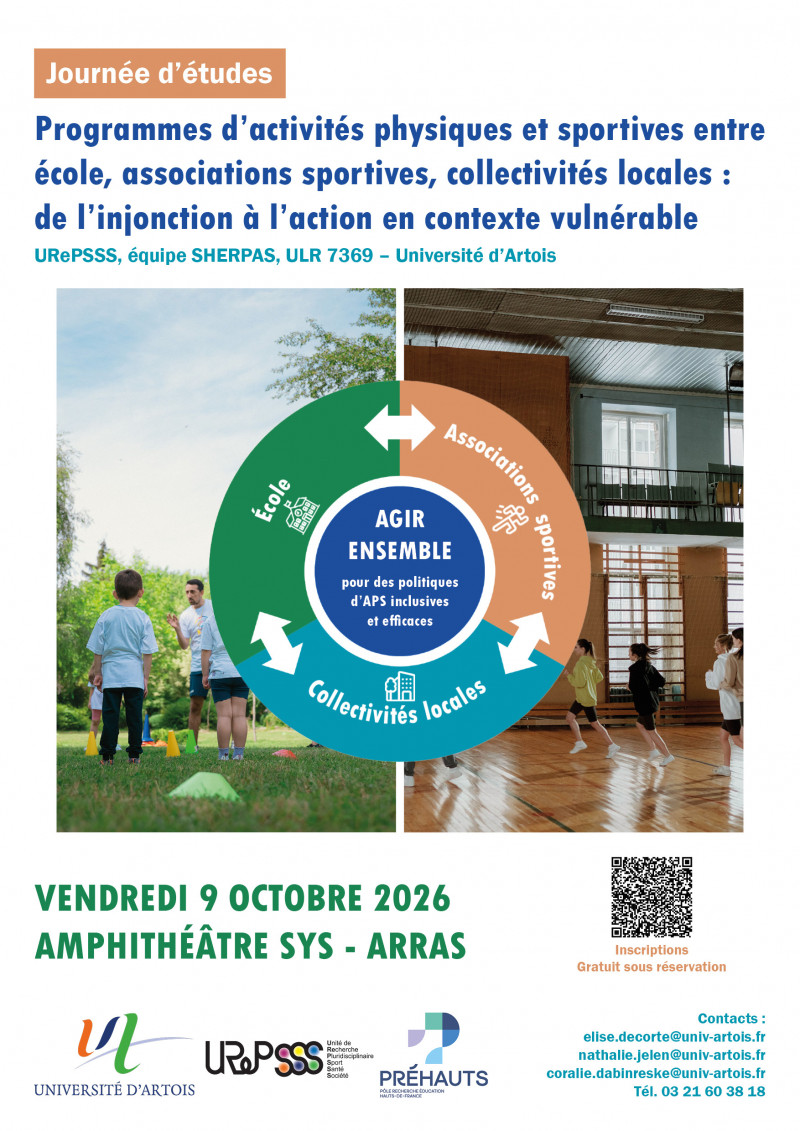 Journ&eacute;e d'&eacute;tude " Programmes d'activit&eacute;s physiques et sportives entre &eacute;cole, associations sportives, collectivit&eacute;s locales : de l'injonction &agrave; l'action en contexte vuln&eacute;rable "