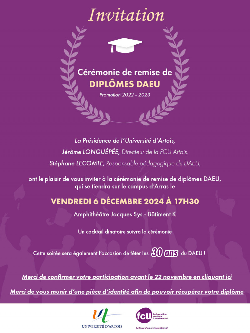 Cérémonie de remise de diplômes DAEU - Vendredi 6 décembre 2024 à l'Université d'Artois